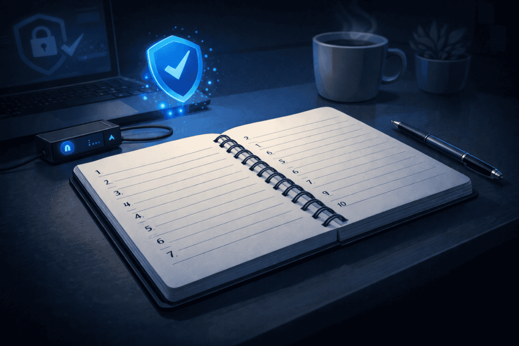 Blank notebook for crypto recovery phrase backup on secure desk