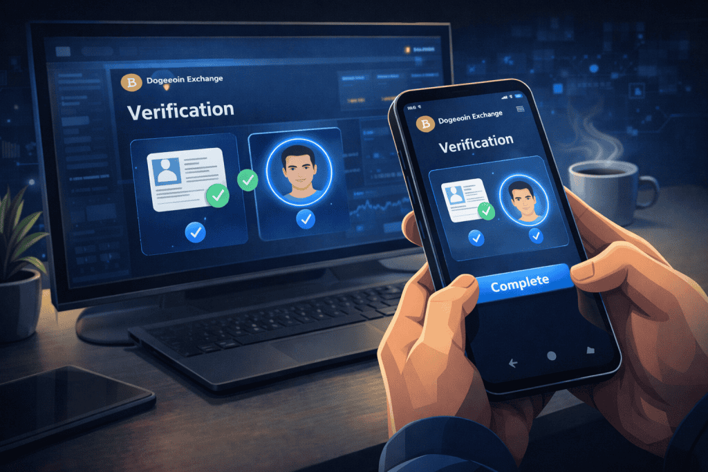 User verifying Dogecoin exchange account on smartphone and desktop