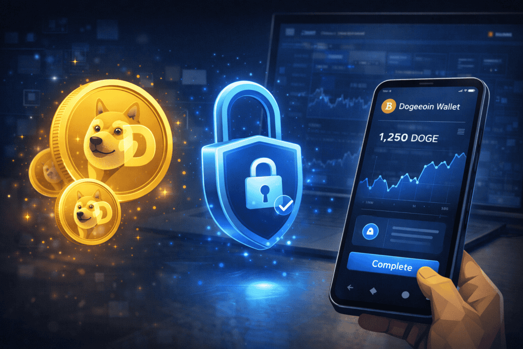 Secure Dogecoin wallet setup with lock icon, digital coins, and trading app