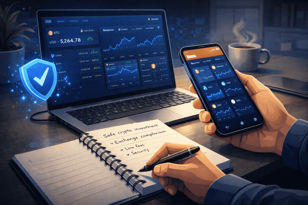 Person comparing crypto exchange apps and learning safe investing basics