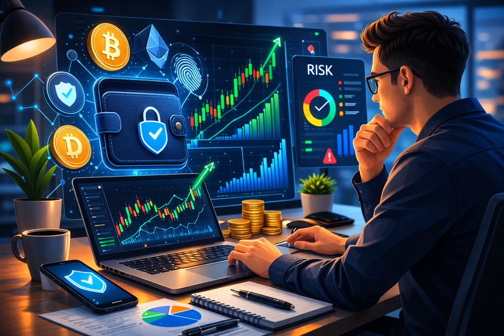 Investor reviewing crypto wallet security, market trends, and risk management