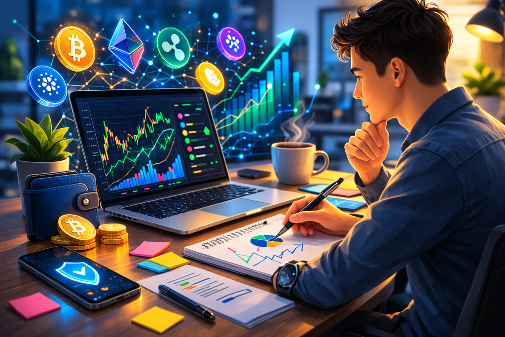 Beginner comparing alternative coins performance with wallet, notes, and trading dashboard