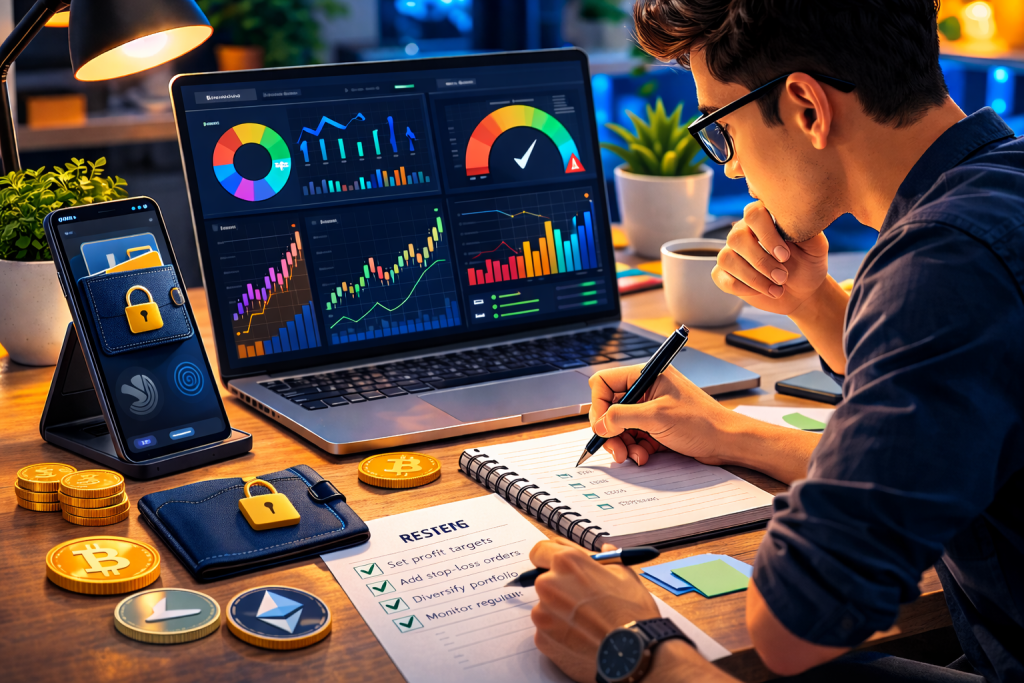 Crypto investor managing risk with charts, checklist, and secure wallet
