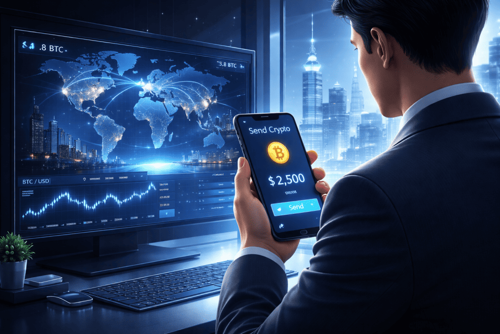 Professional sending cross-border payment on secure mobile wallet