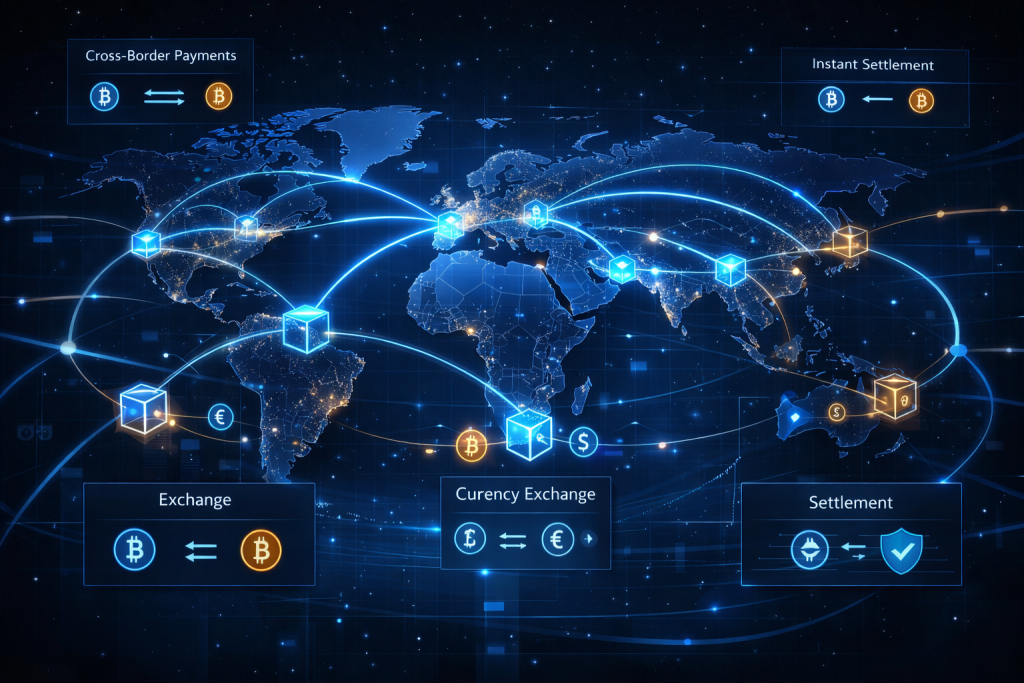 Blockchain map showing instant cross-border payments and currency exchange