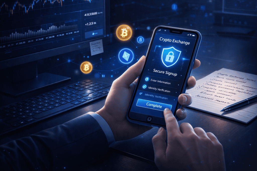 Person creating secure crypto exchange account on phone with charts