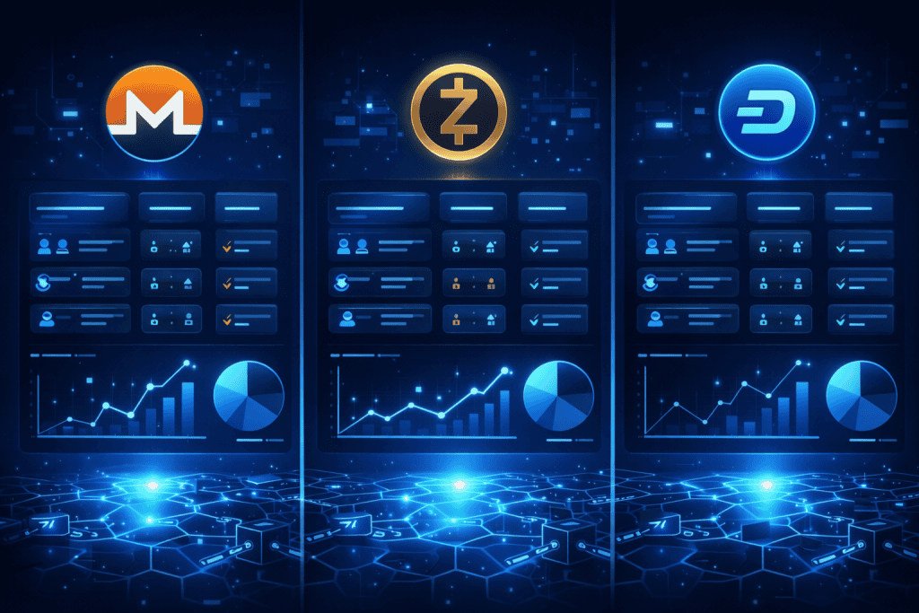 Side-by-side dashboard comparing privacy coins with charts and security metrics.