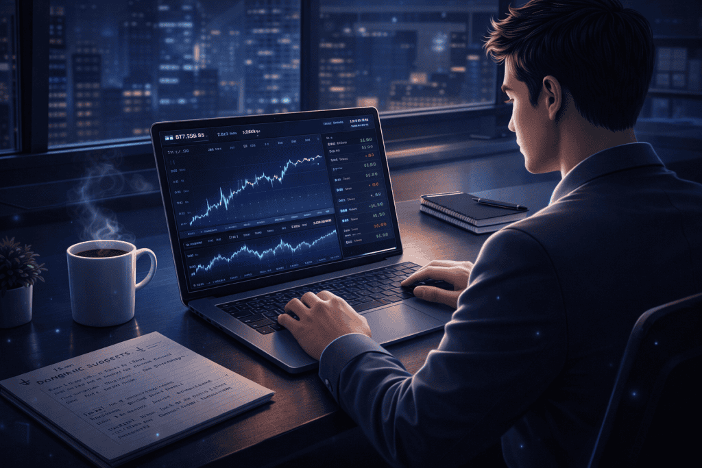 Invest in cryptocurrency trends on laptop with graphs, coffee, and notebook