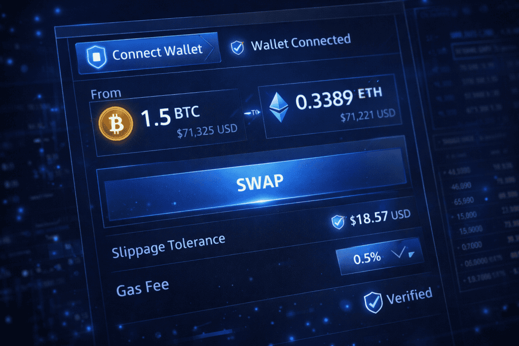 Token swap interface showing wallet connection, slippage settings, and gas fees