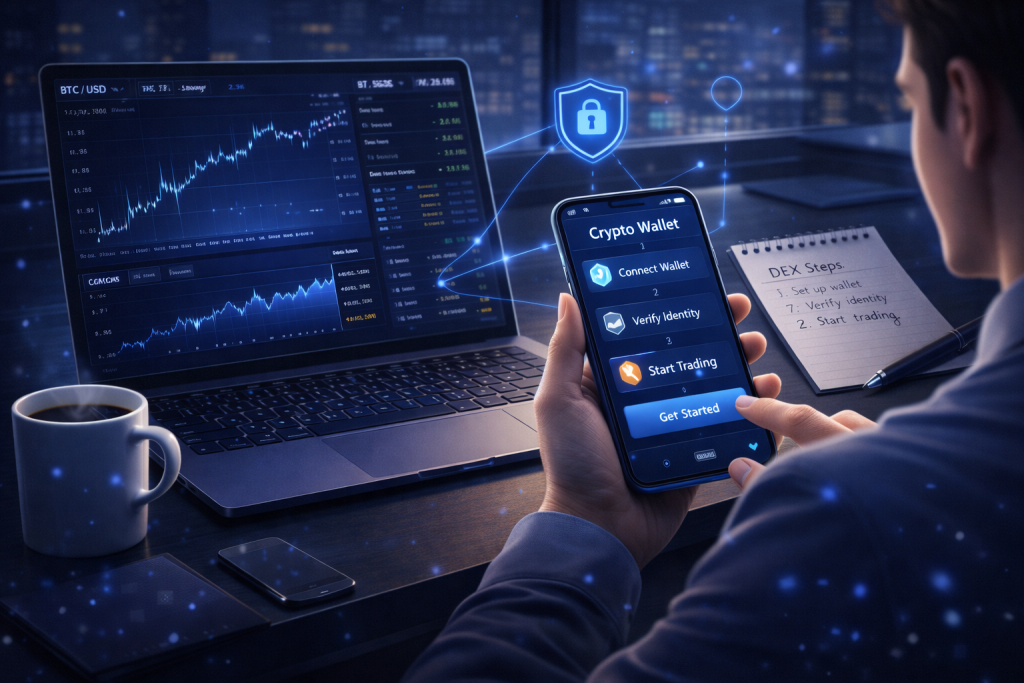 Beginner reviewing DEX steps with smartphone, charts, and secure wallet
