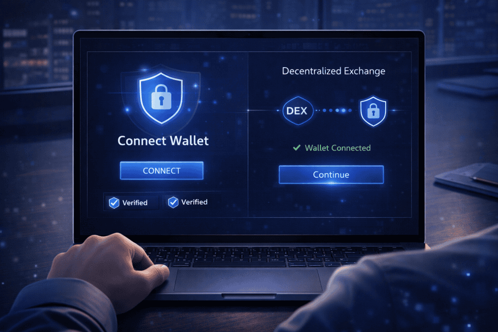 Beginner connecting crypto wallet to decentralized crypto exchange on laptop screen  