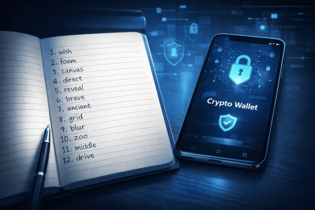 Handwritten seed phrase notebook beside phone with secure crypto wallet app