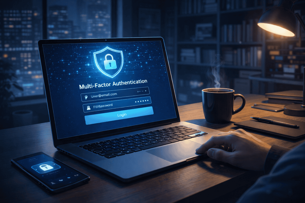 Laptop with multi-factor authentication login in secure remote work