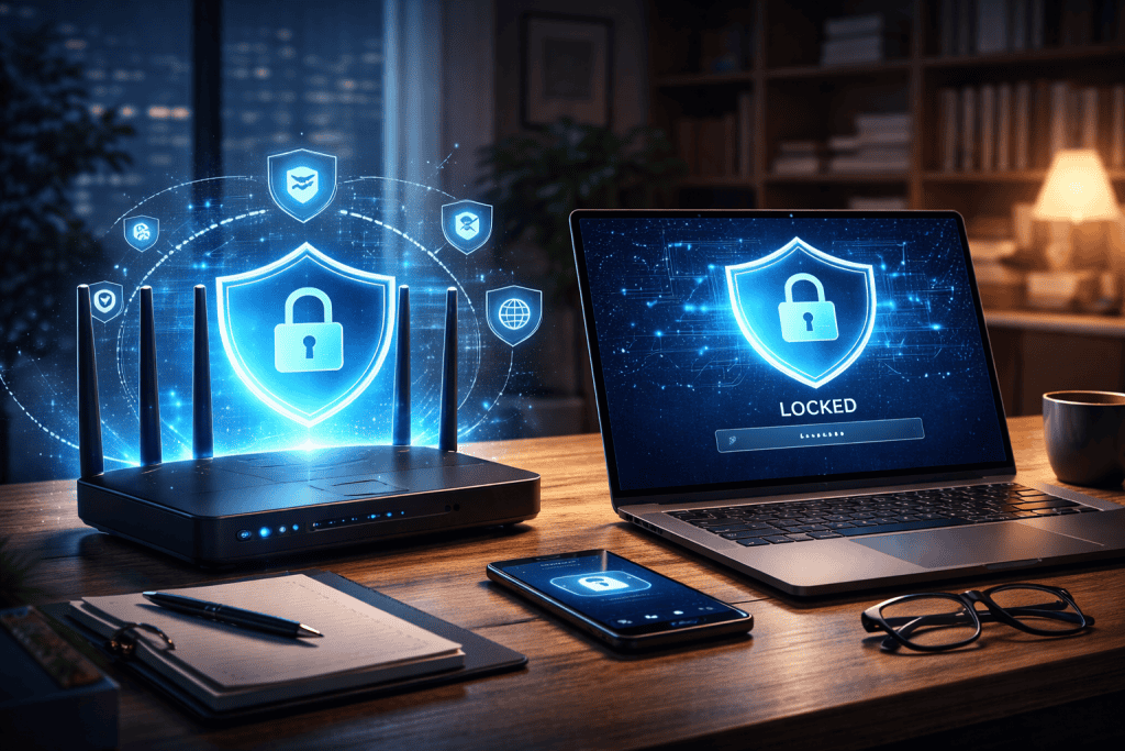 Home Wi-Fi router and locked laptop showing remote work protection