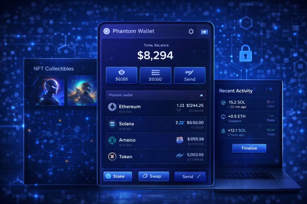 Futuristic Phantom Wallet dashboard showing balance, NFTs, and security status.