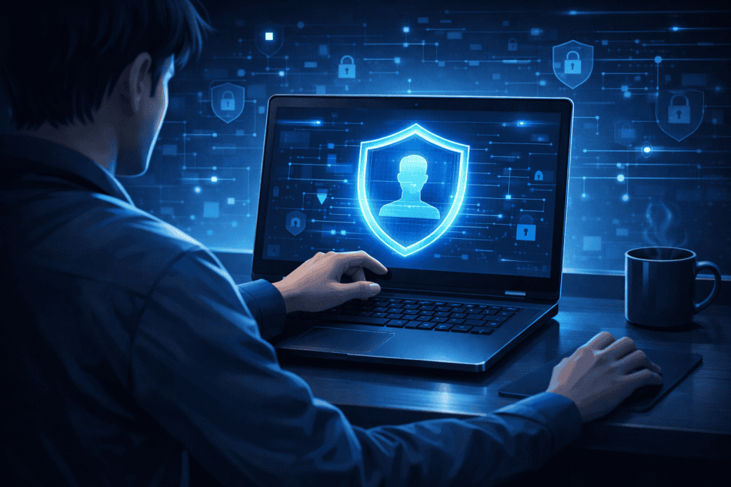 Person securing laptop with digital identity shield in clean cyber workspace