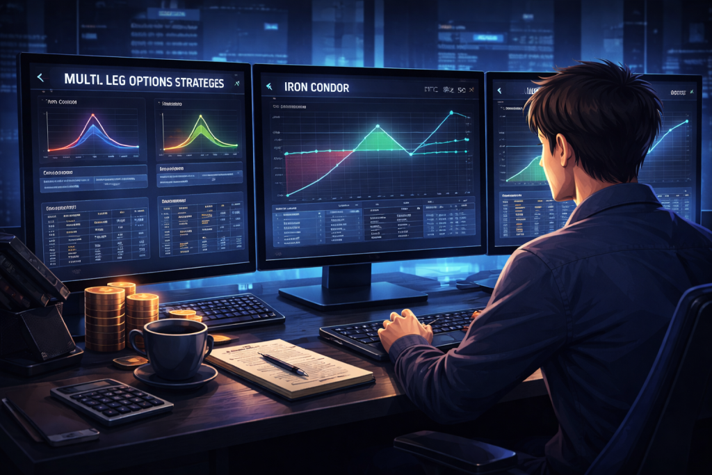 Trader reviewing multi-leg options strategies charts at a modern desk.