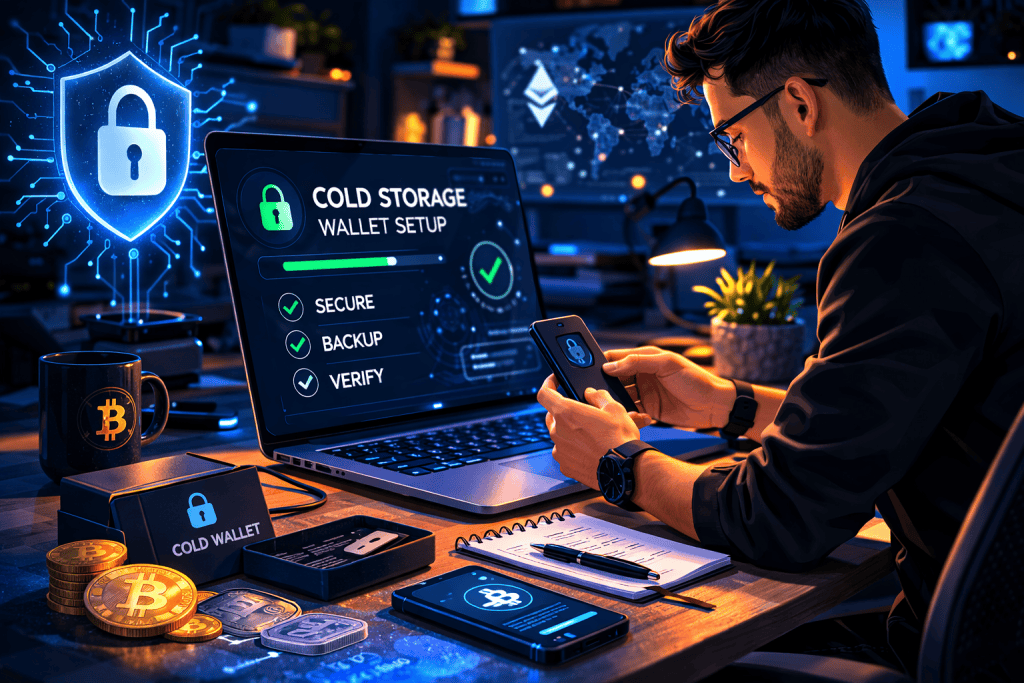 Person setting up cold storage wallet at secure crypto desk