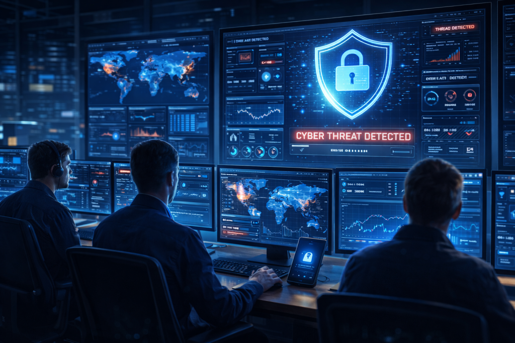 SOC team monitoring cyber threats on glowing dashboards