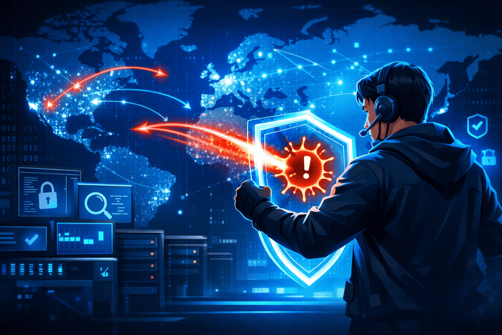 Cybersecurity analyst defends business network against zero-day vulnerabilities map.