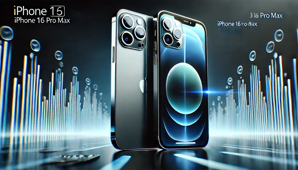 iPhone 16 Pro Max's triple-lens camera system, showing its sleek titanium design and Dynamic Island display.