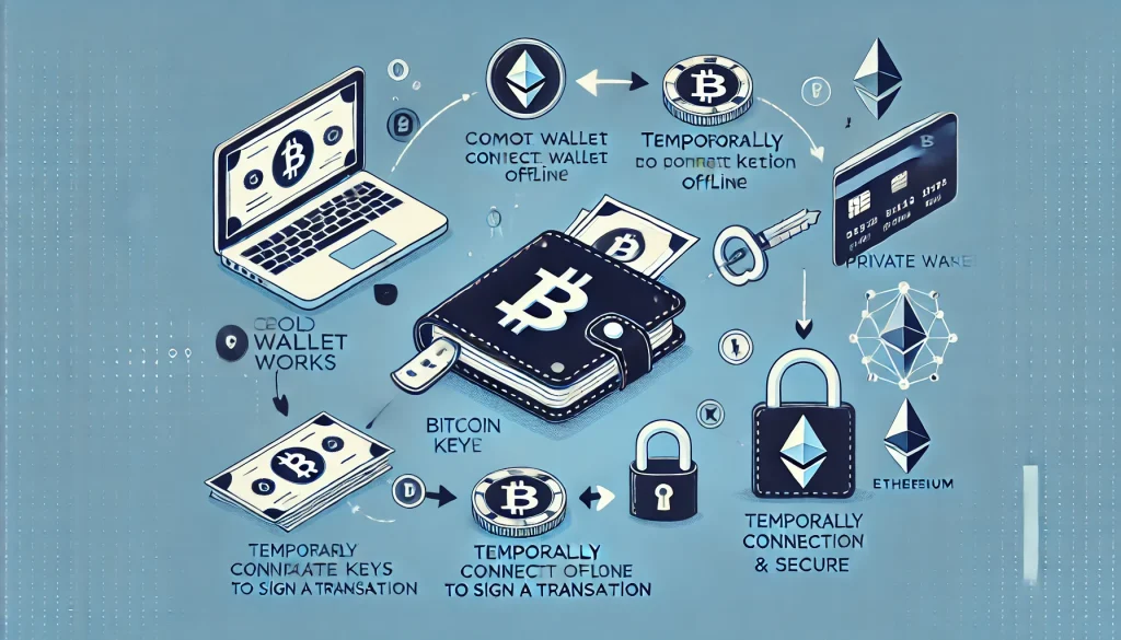 콜드월렛은 거래를 위해 일시적으로 연결하여 개인 키를 오프라인으로 안전하게 유지합니다.