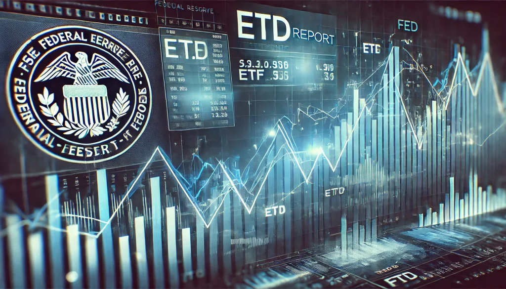 연준 보고서와 함께 ETF 성과를 추적하는 주식 시장 그래프를 클로즈업하여 연준의 결정이 ETF 투자에 미치는 영향을 강조합니다.