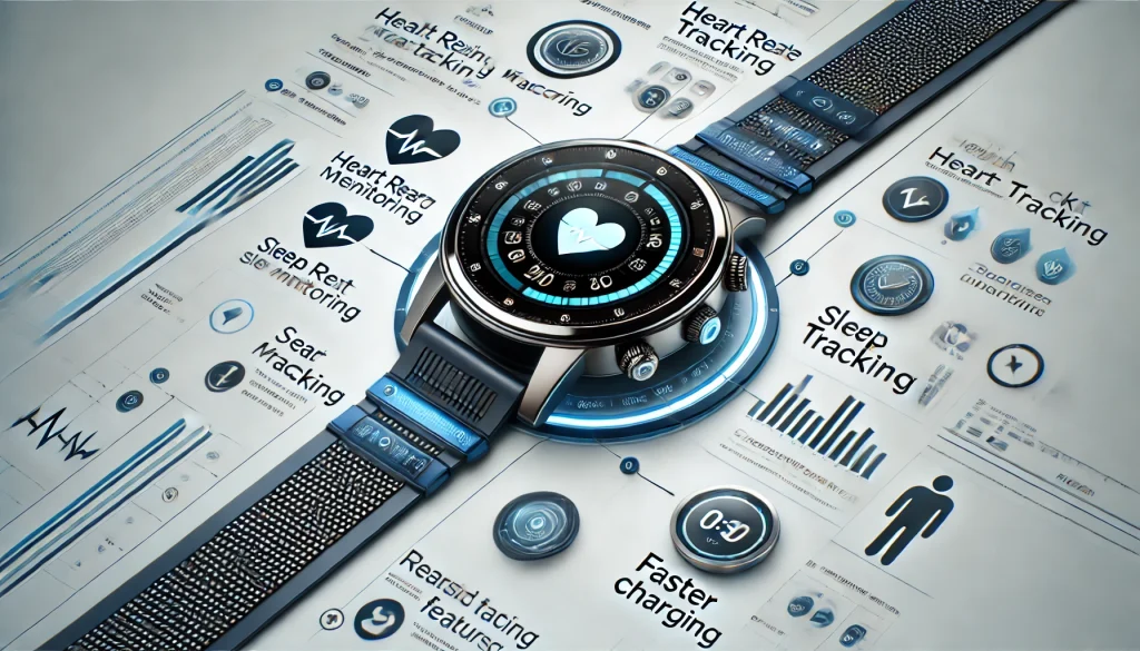 A detailed graphic showing the main features of the smartwatch, such as health tracking, redesigned interface, and faster charging.