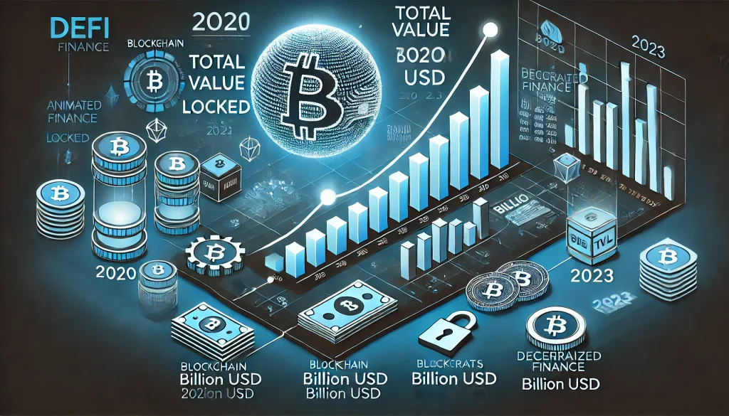 2020년부터 2023년까지 DeFi의 총 가치 고정(TVL)의 빠른 성장을 보여주는 차트입니다.