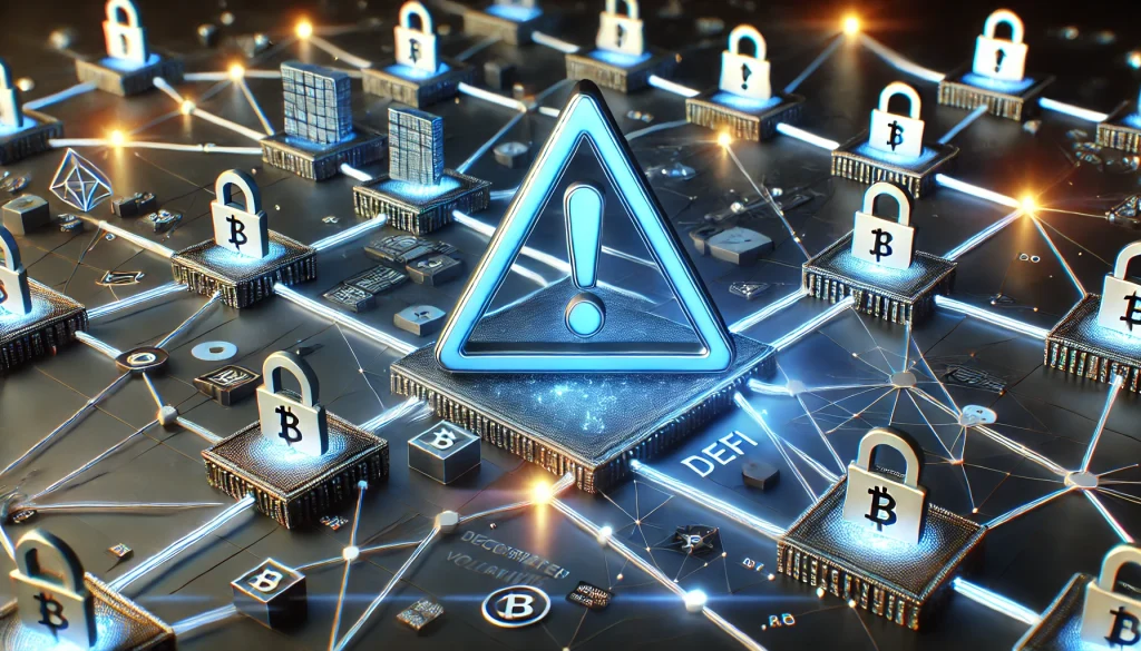 An image of a warning symbol on a blockchain network, representing the risks involved in DeFi, such as volatility and security vulnerabilities.