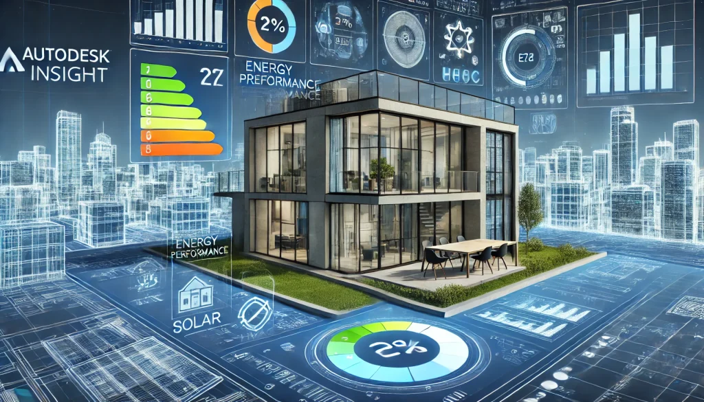 지속 가능성 아이콘이 있는 Revit의 현대식 건물 디자인에 Autodesk Insight의 에너지 성능 그래프가 오버레이되어 친환경 건축 솔루션을 강조합니다.