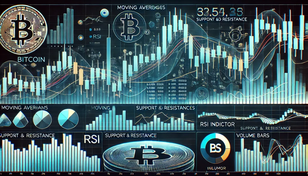 이동 평균, RSI 지표, 지지선, 저항선, 거래량 막대가 있는 비트코인 캔들 차트입니다.