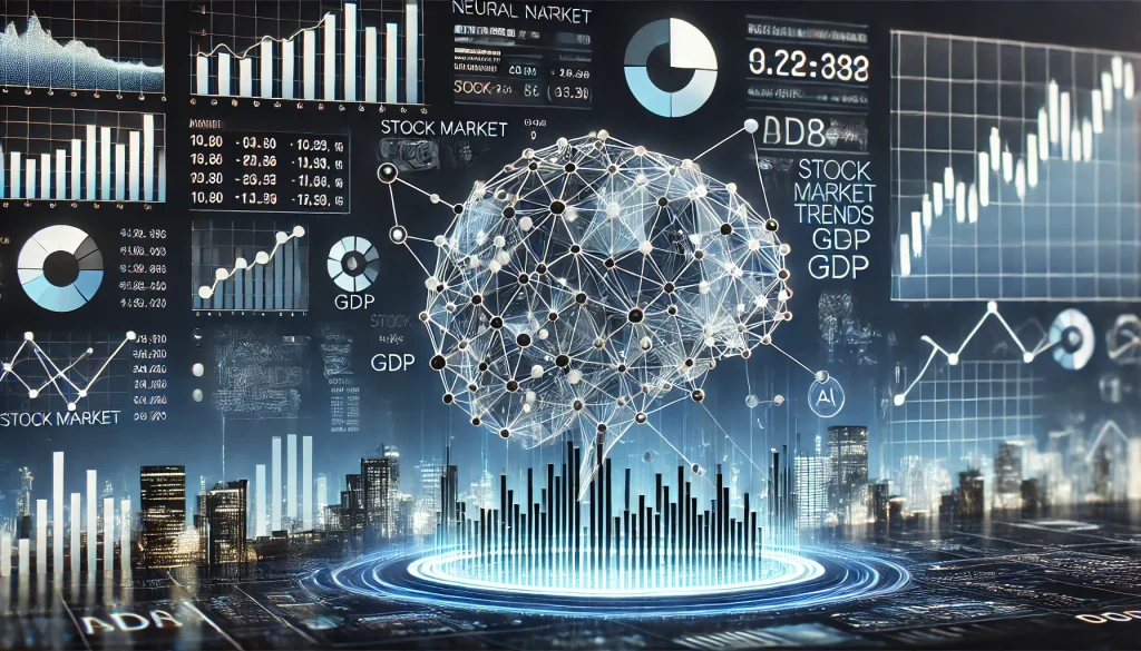 A neural network model analyzing financial data, including stock market trends and GDP projections.