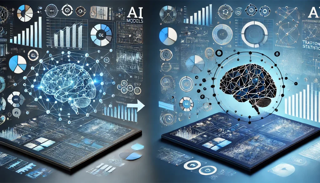 Image comparing AI models with traditional statistical methods, highlighting differences in data processing and accuracy.