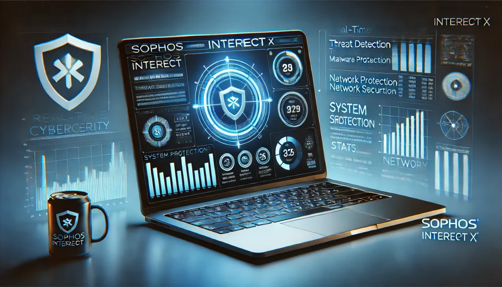 Laptop showing Sophos Intercept X logo and cybersecurity dashboard with protection stats