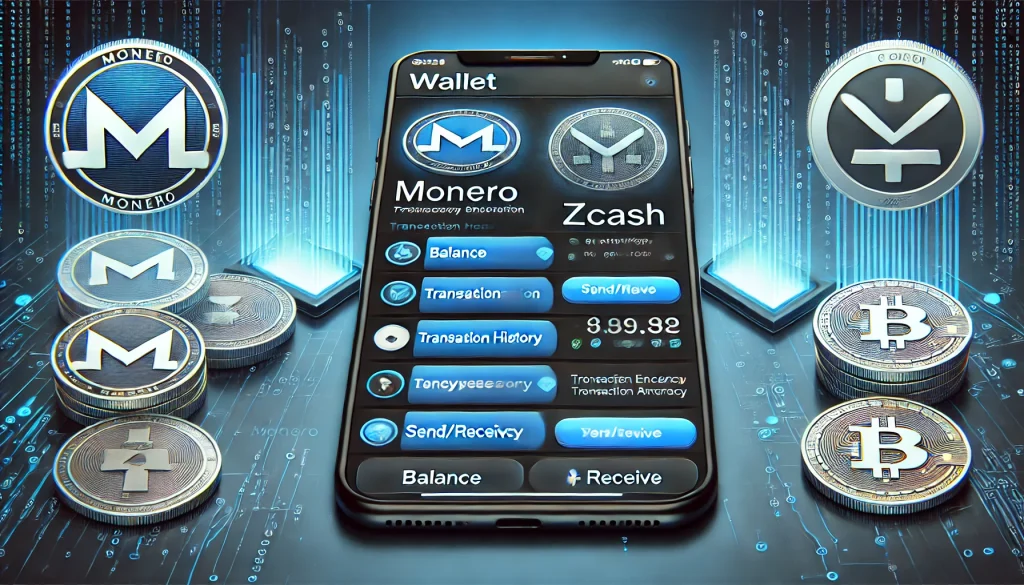 Monero and Zcash wallets on a smartphone, comparing user interfaces for both privacy coins