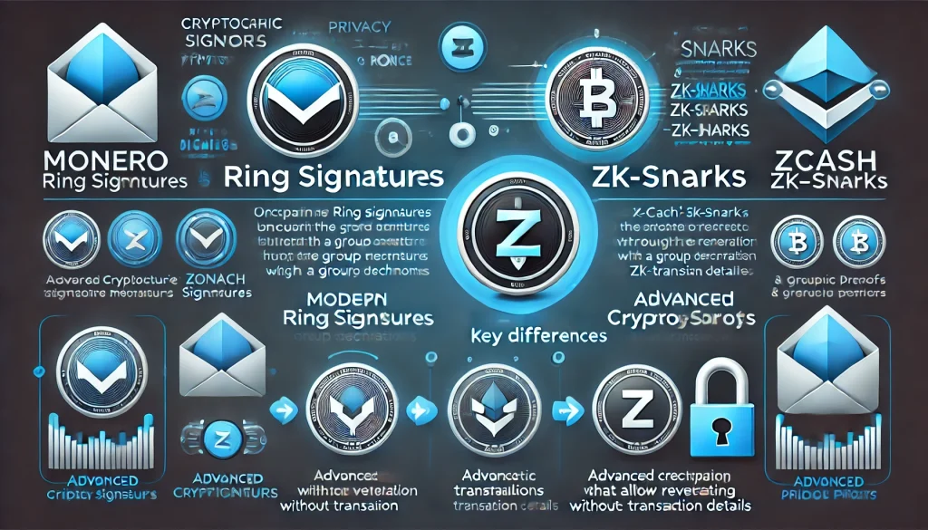 Privacy mechanisms of Monero’s Ring Signatures and Zcash’s zk-SNARKs, highlighting their key differences.