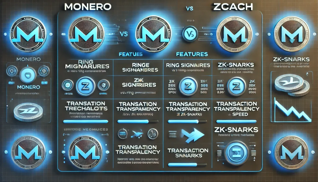  Comparison chart showing the differences in features of Monero and Zcash side by side