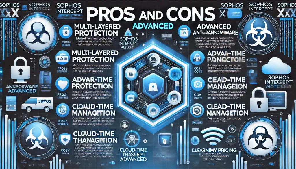 Balanced table of the pros & cons of Sophos Intercept X Advanced, highlighting its multi-layered protection and occasional system slowdowns.