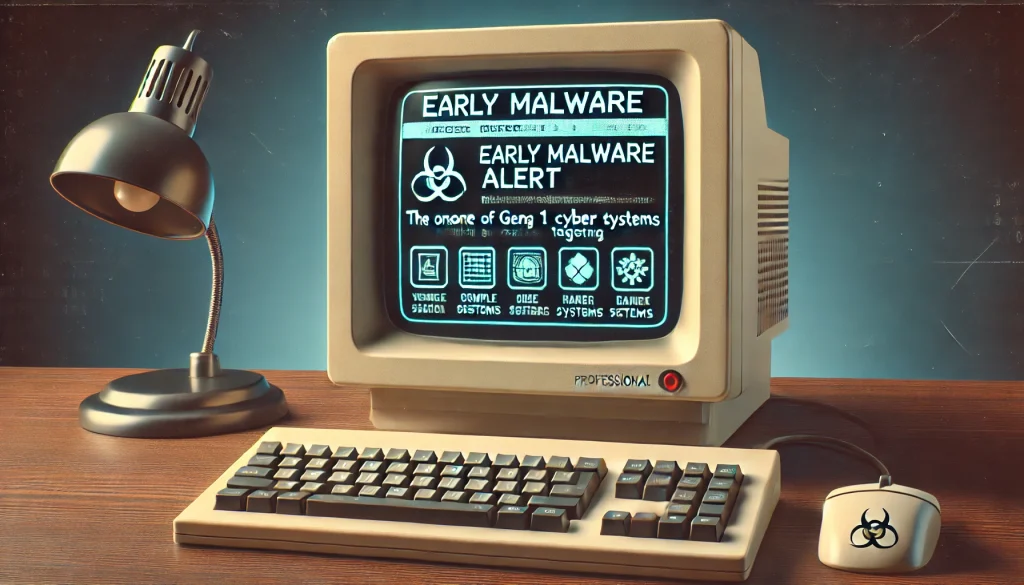 A retro-style computer screen displaying an early malware alert pop-up, symbolizing the onset of Gen 1 cyber threats targeting basic systems.