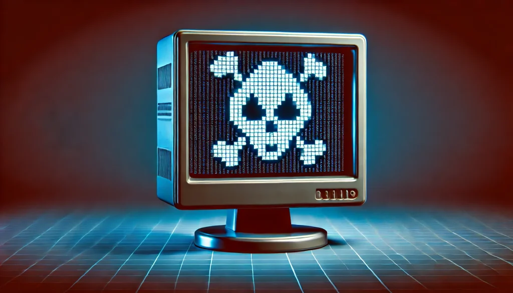 A digital skull icon from the 90s appearing on a computer monitor, signifying primitive viruses from the first wave of cyber attacks in the early days of online threats.