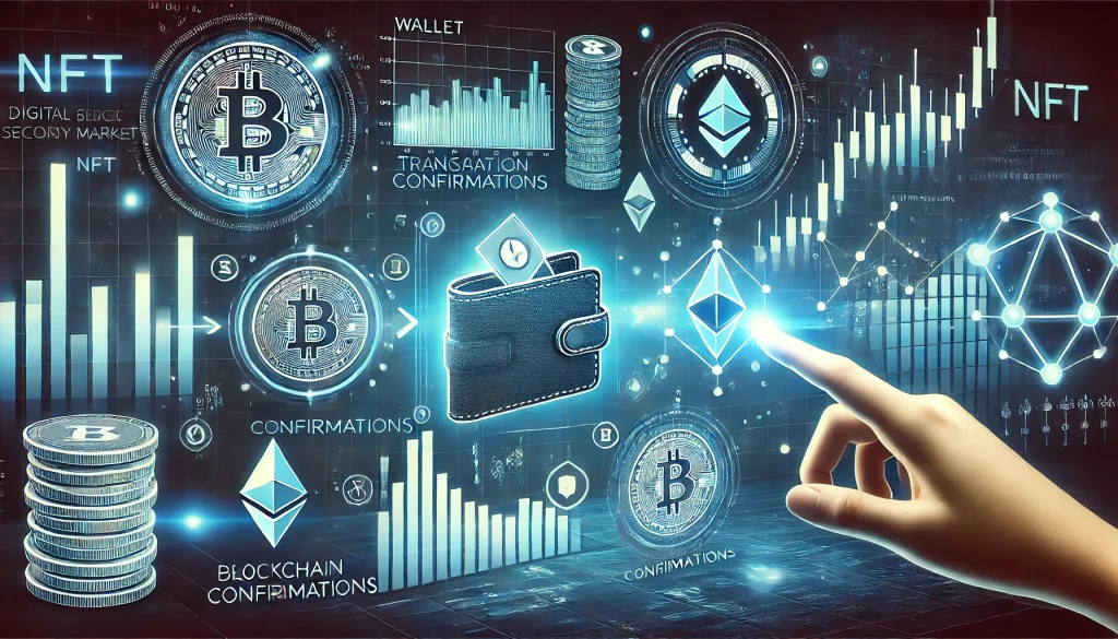 Graphic showing the process of buying and selling NFTs on a secondary market, with wallet icons, transaction confirmations, and fluctuating price charts in the background.