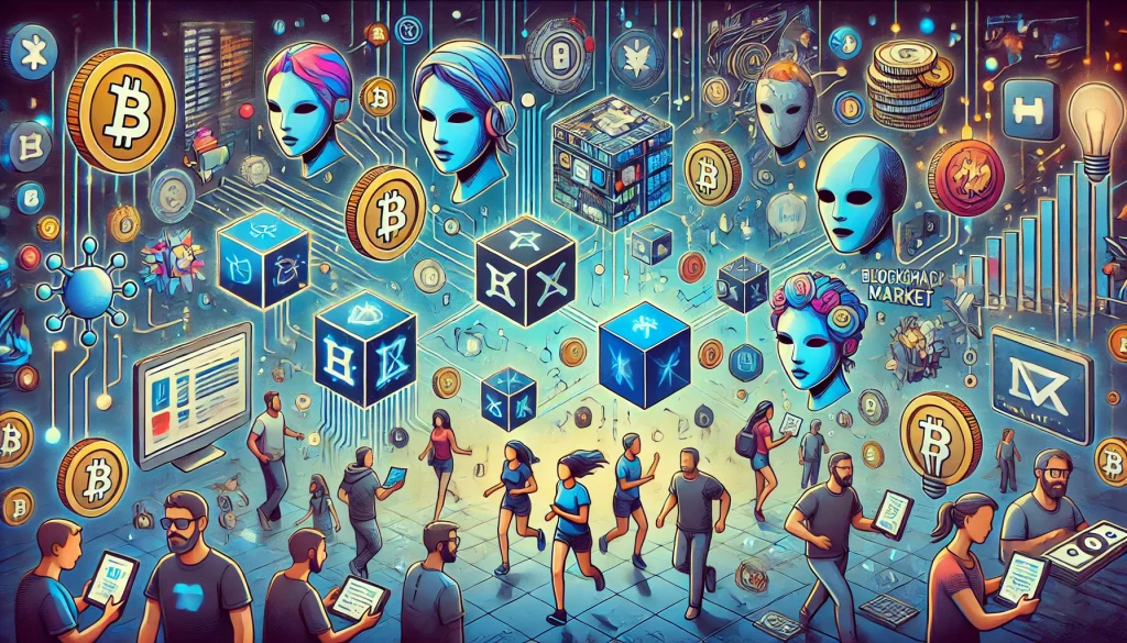 An artistic depiction of various NFTs, including avatars and collectibles, moving between different owners on a blockchain-powered secondary market platform.