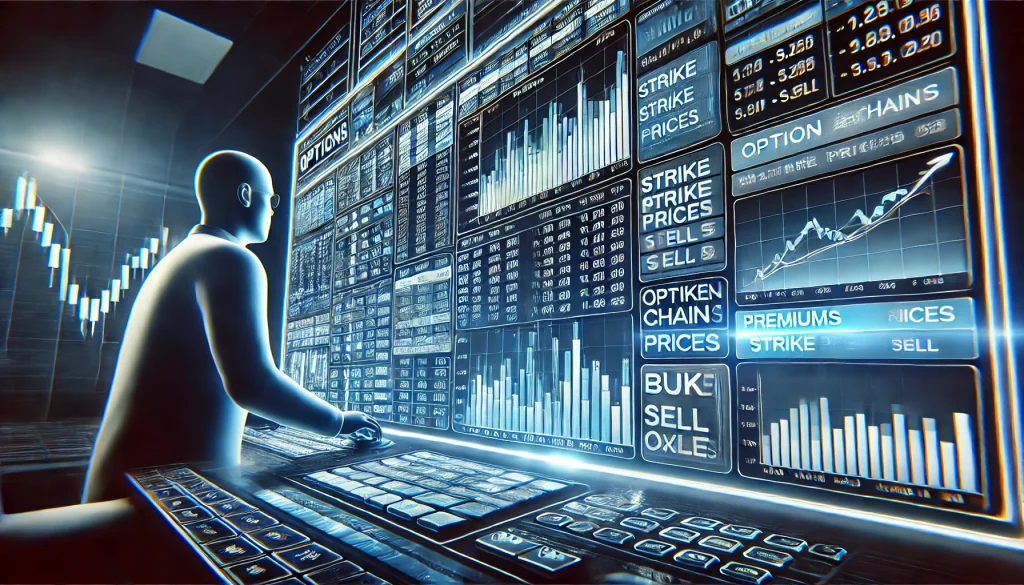  A trading terminal showing option chain data with columns for premiums, strike prices, and expiration dates, alongside a trader executing a buy or sell order.