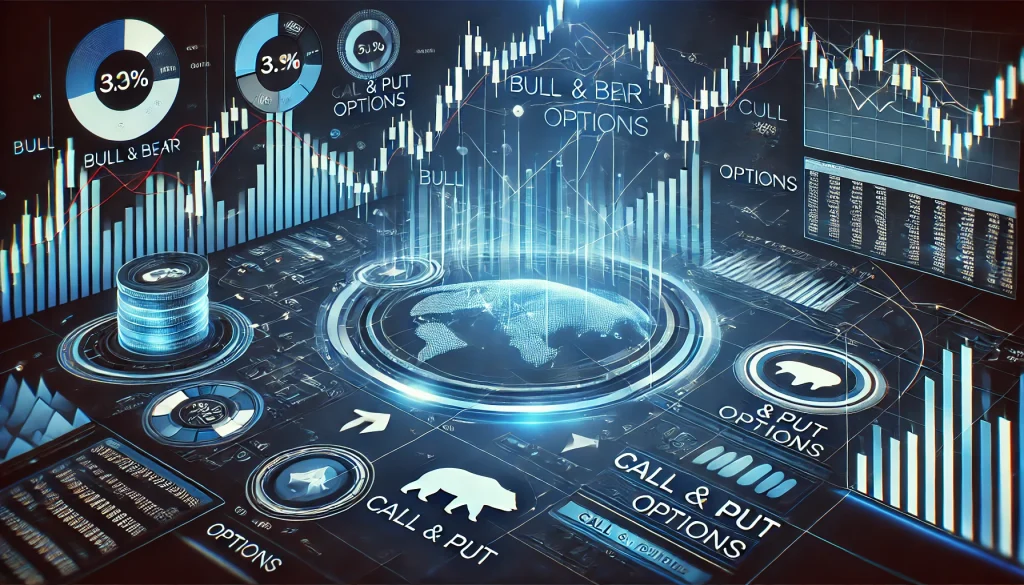 A graphic highlighting the complexity of options trading, displaying bull and bear market trends with call and put options strategies in a fast-paced trading environment.