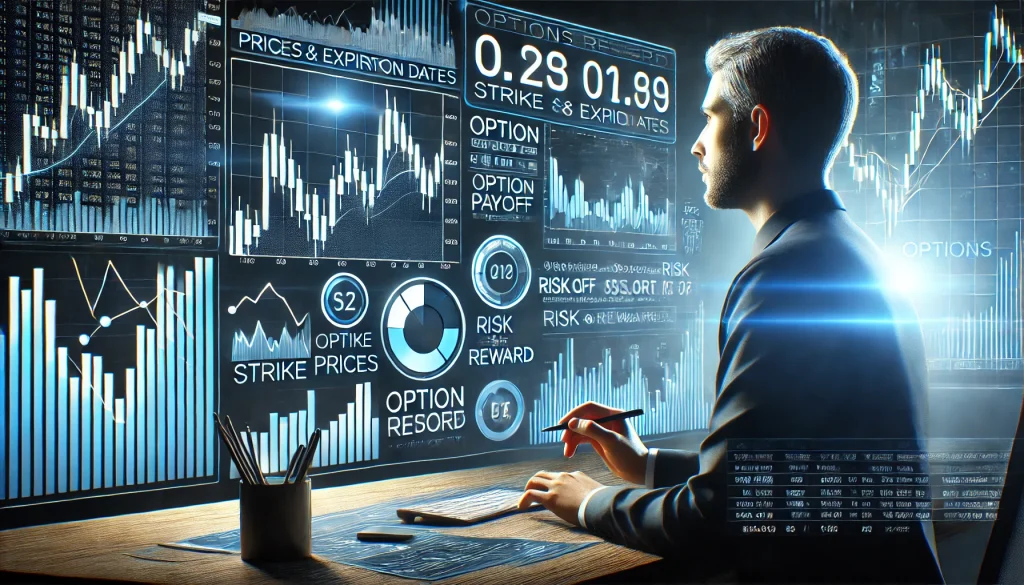  Visual representation of options trading with graphs of strike prices, expiration dates, and a trader weighing risk and reward using financial tools.