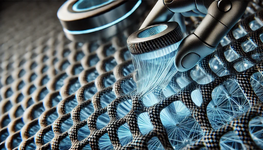 Close-up of carbon fiber strands being woven into a polymer matrix, illustrating the intricate process of creating lightweight yet strong composite materials.