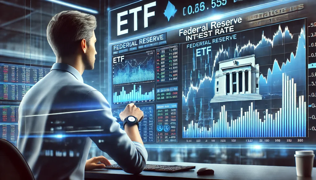 A financial trader analyzing ETF data with Federal Reserve interest rate announcements on a news ticker in the background, showing market reaction.