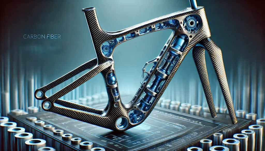 Cross-section of a carbon fiber reinforced polymer bicycle frame, highlighting the material's use in high-performance sports equipment for enhanced durability.