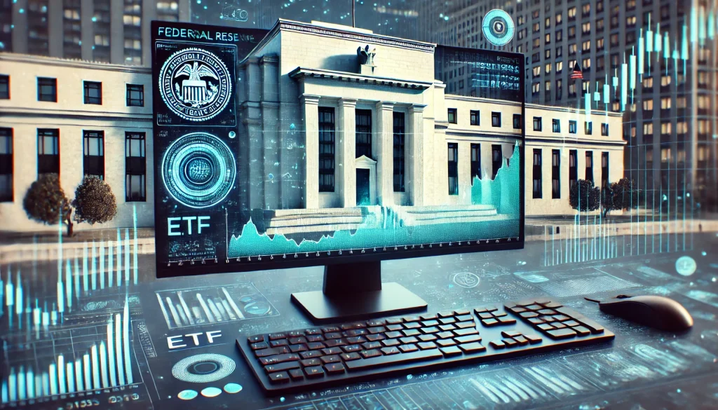  An ETF chart displayed on a financial analyst's computer screen, with the Federal Reserve building in the background symbolizing economic policy impact.